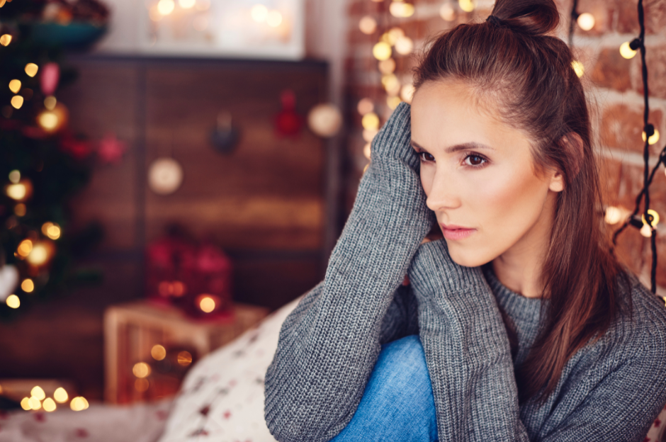 Woman upset during the holidays.